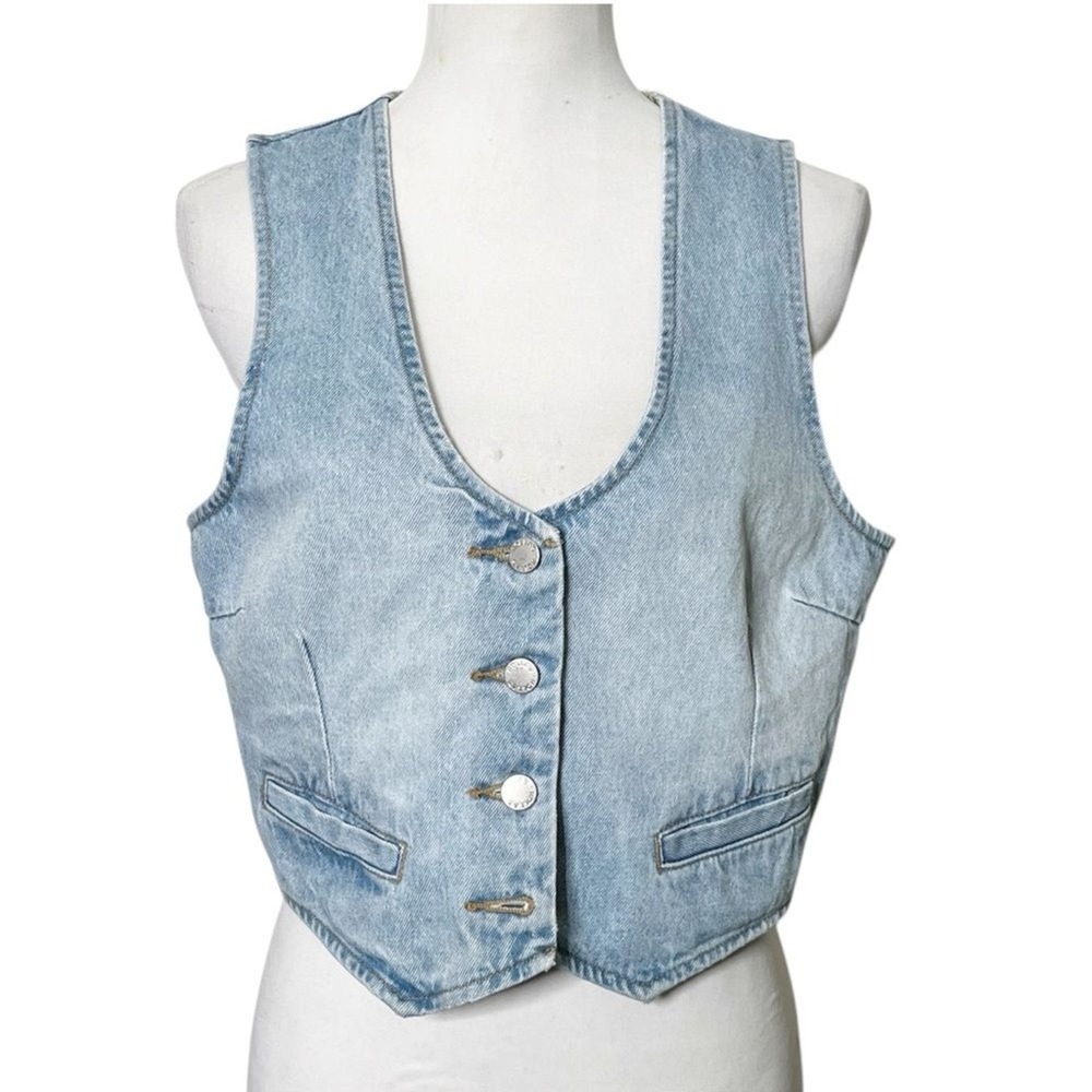 Rollas Dallas Women's Large Light Wash Denim Vest Cropped Button Front Y2K - Picture 2 of 10